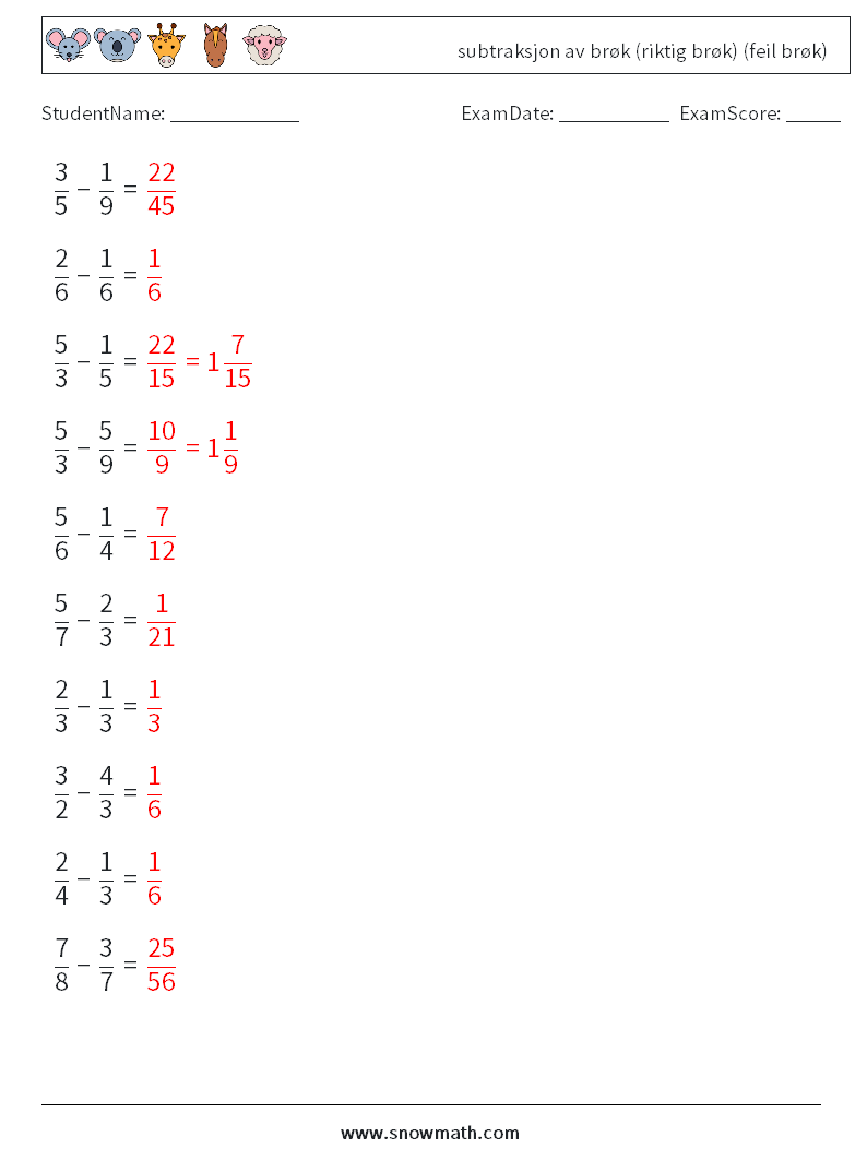 (10) subtraksjon av brøk (riktig brøk) (feil brøk) MathWorksheets 7 QuestionAnswer