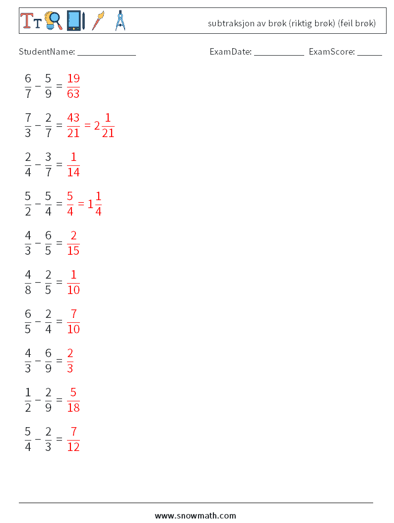 (10) subtraksjon av brøk (riktig brøk) (feil brøk) MathWorksheets 8 QuestionAnswer