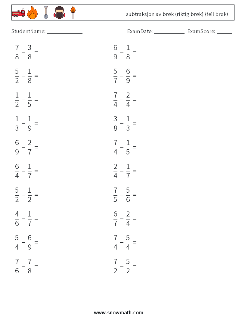 (20) subtraksjon av brøk (riktig brøk) (feil brøk) MathWorksheets 10