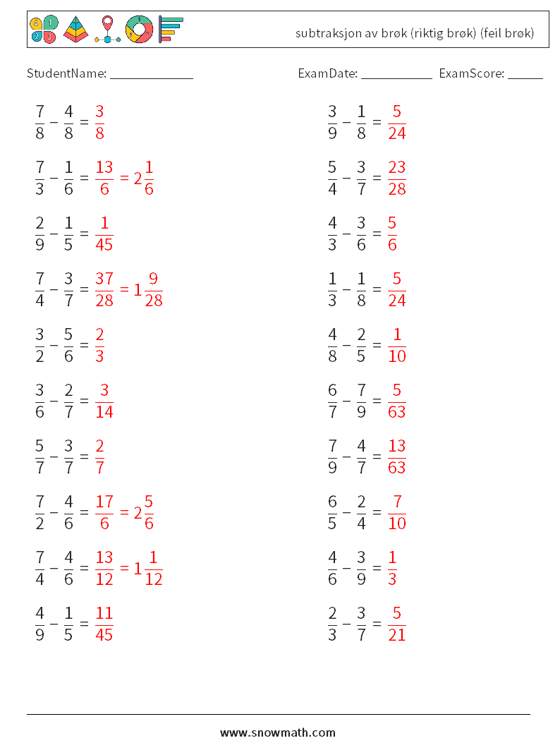 (20) subtraksjon av brøk (riktig brøk) (feil brøk) MathWorksheets 1 QuestionAnswer