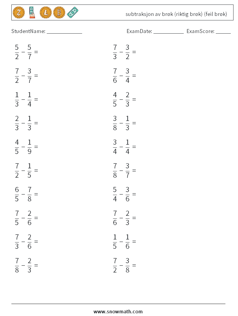 (20) subtraksjon av brøk (riktig brøk) (feil brøk) MathWorksheets 3