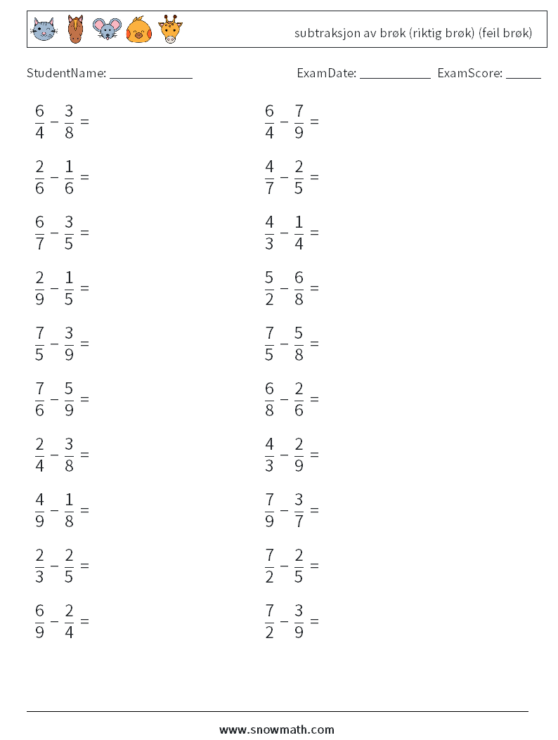 (20) subtraksjon av brøk (riktig brøk) (feil brøk) MathWorksheets 4