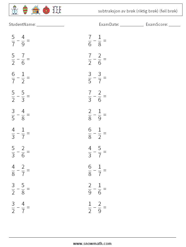 (20) subtraksjon av brøk (riktig brøk) (feil brøk) MathWorksheets 9