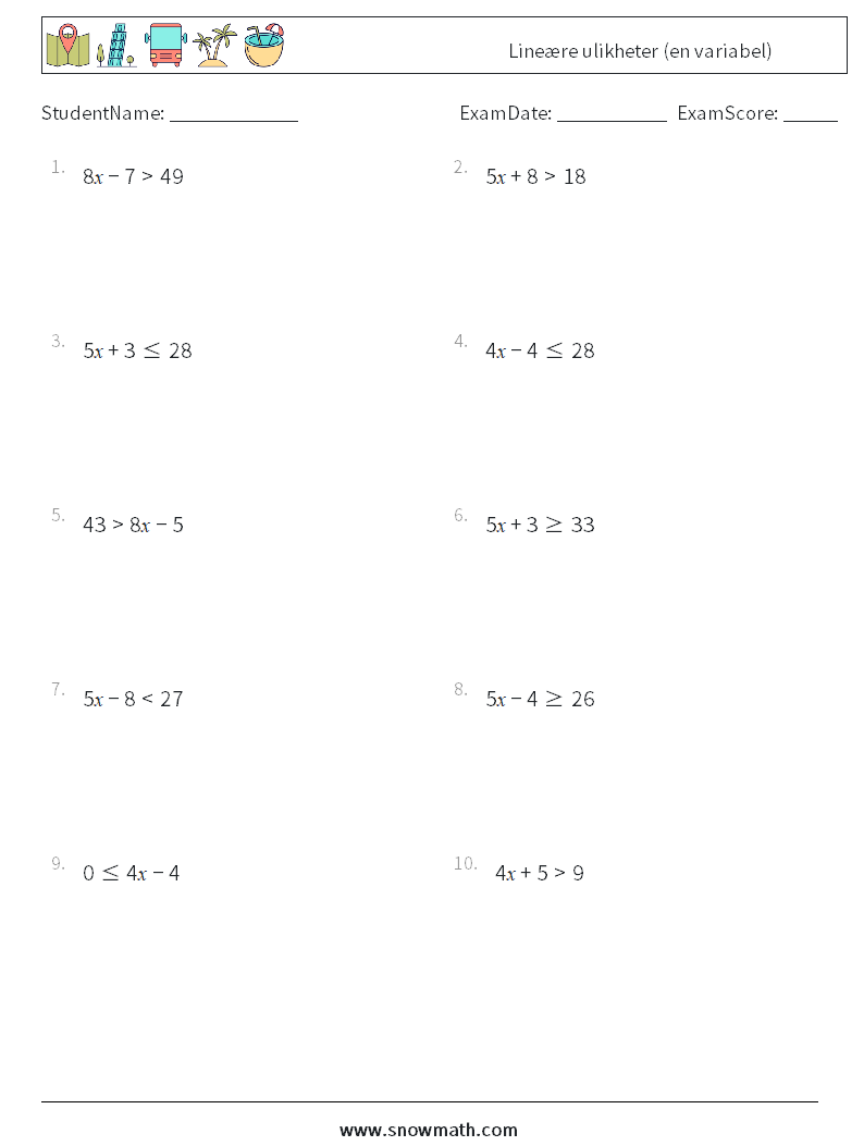 Lineære ulikheter (en variabel) MathWorksheets 2