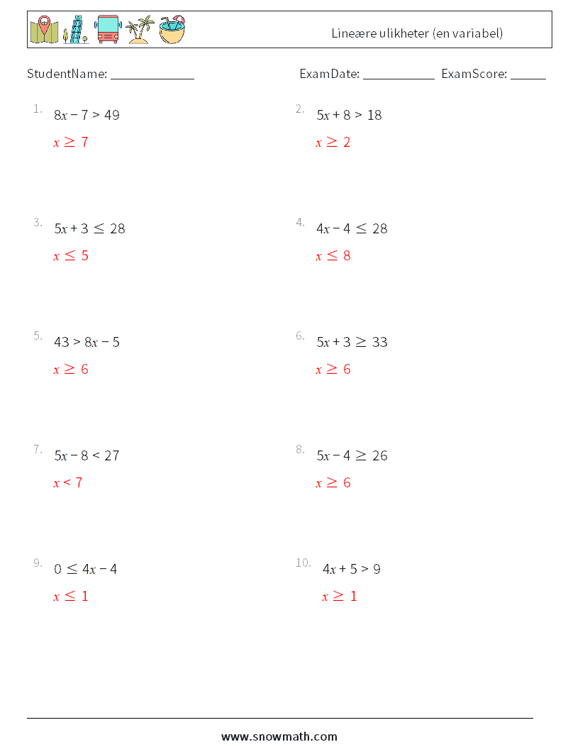 Lineære ulikheter (en variabel) MathWorksheets 2 QuestionAnswer