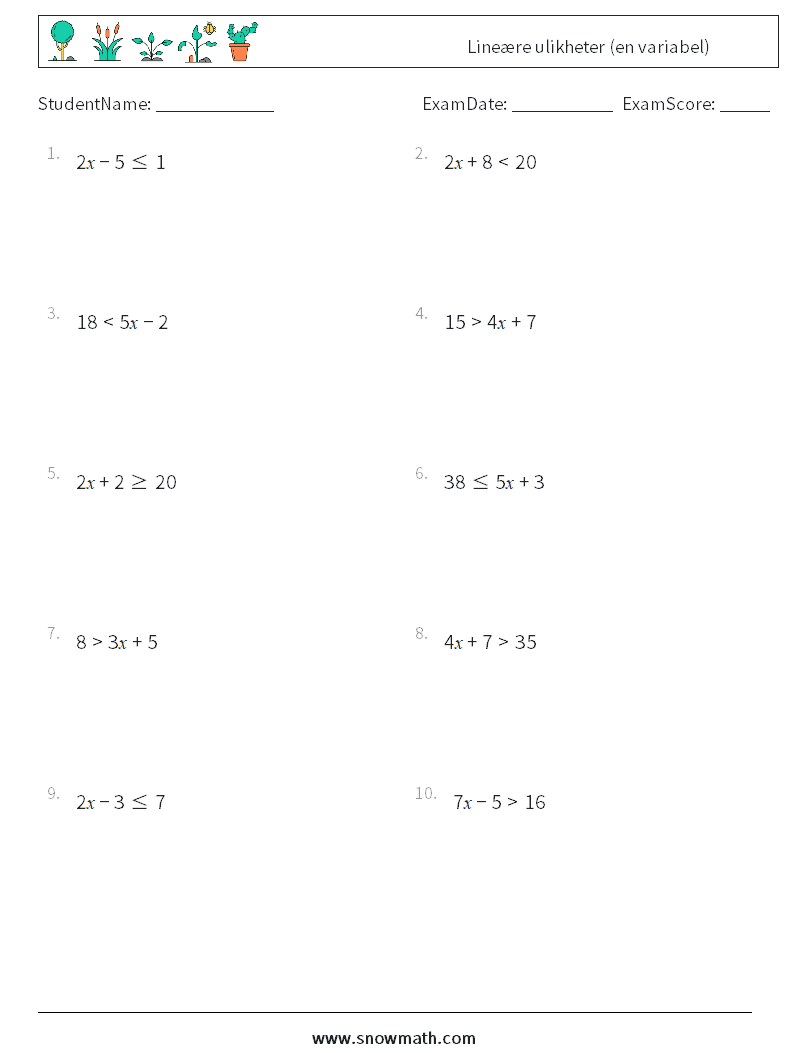 Lineære ulikheter (en variabel) MathWorksheets 3