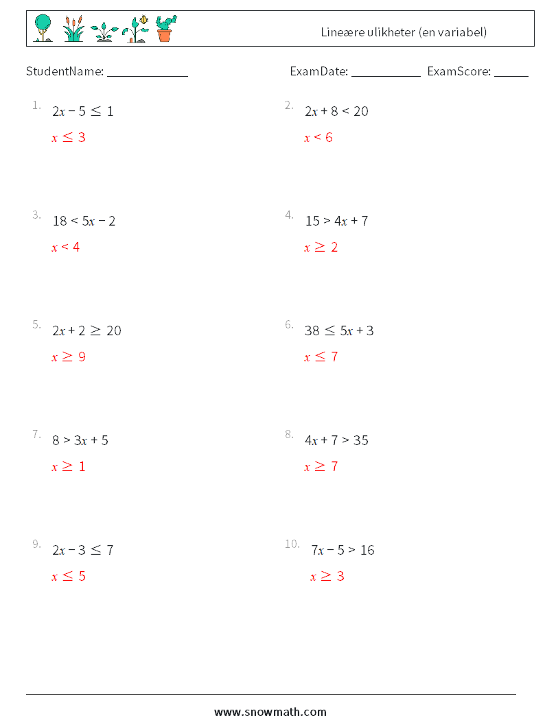 Lineære ulikheter (en variabel) MathWorksheets 3 QuestionAnswer