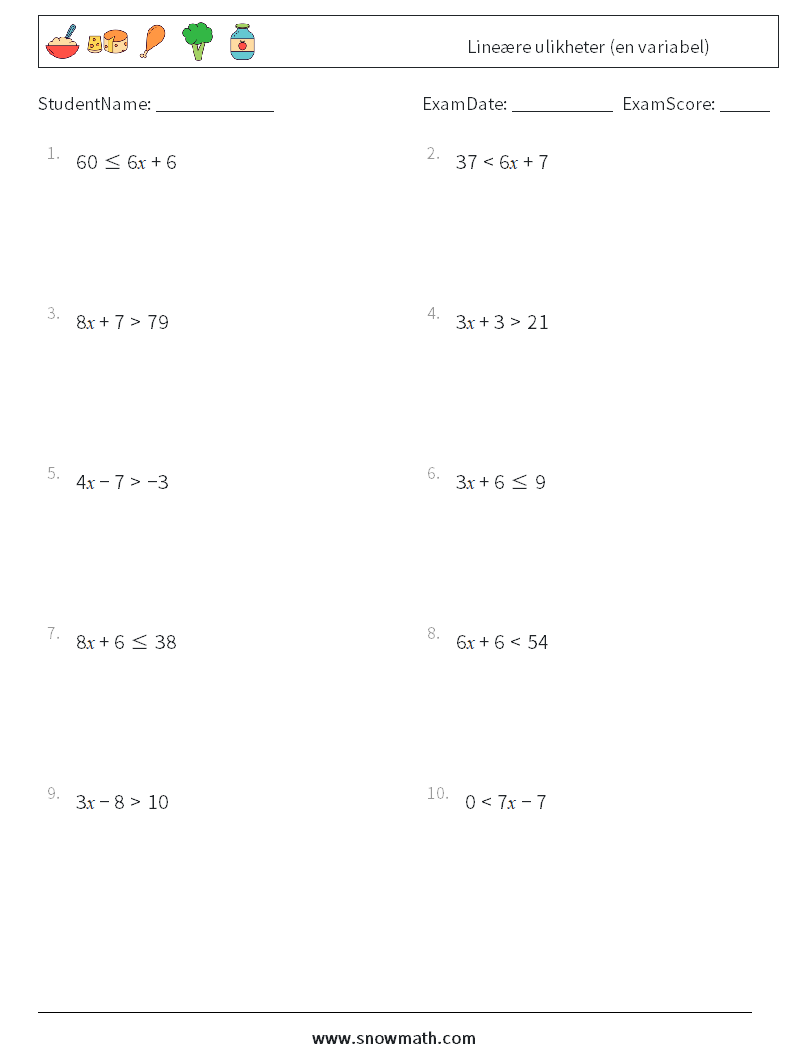 Lineære ulikheter (en variabel) MathWorksheets 4