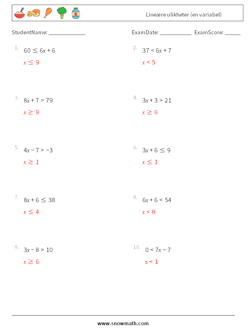 Lineære ulikheter (en variabel) MathWorksheets 4 QuestionAnswer