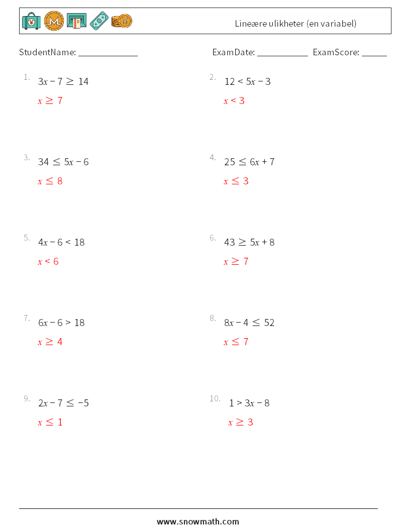 Lineære ulikheter (en variabel) MathWorksheets 5 QuestionAnswer