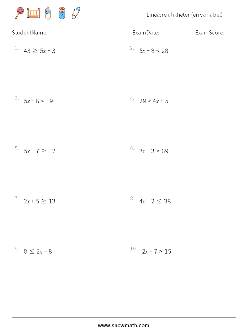 Lineære ulikheter (en variabel) MathWorksheets 6