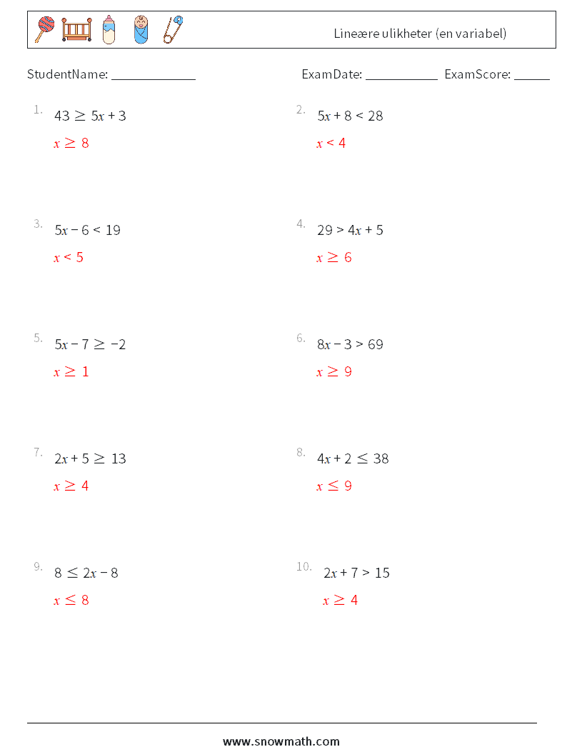 Lineære ulikheter (en variabel) MathWorksheets 6 QuestionAnswer