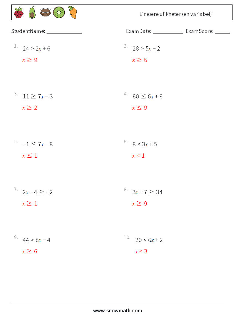 Lineære ulikheter (en variabel) MathWorksheets 7 QuestionAnswer