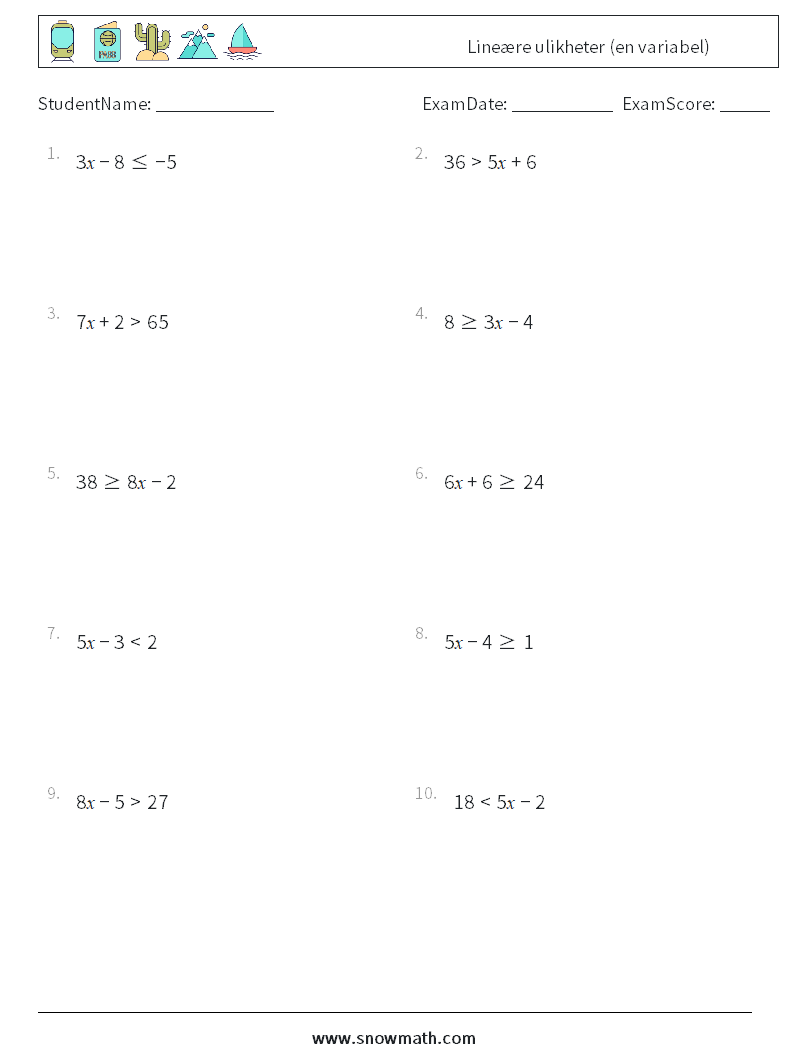 Lineære ulikheter (en variabel) MathWorksheets 8