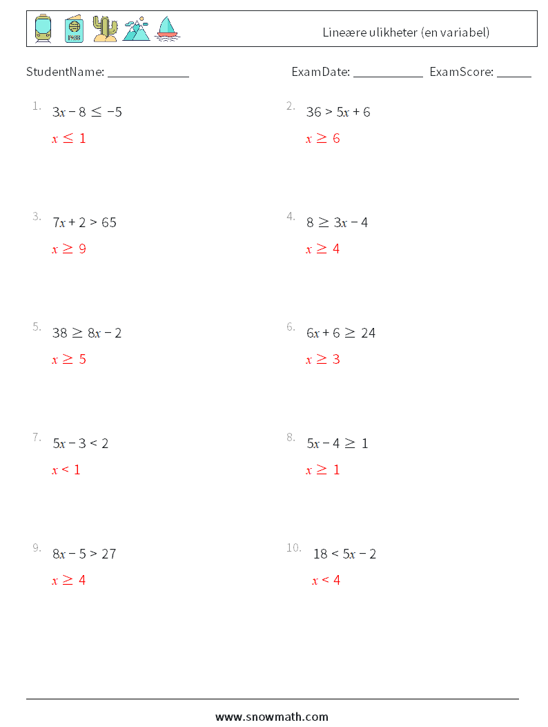 Lineære ulikheter (en variabel) MathWorksheets 8 QuestionAnswer