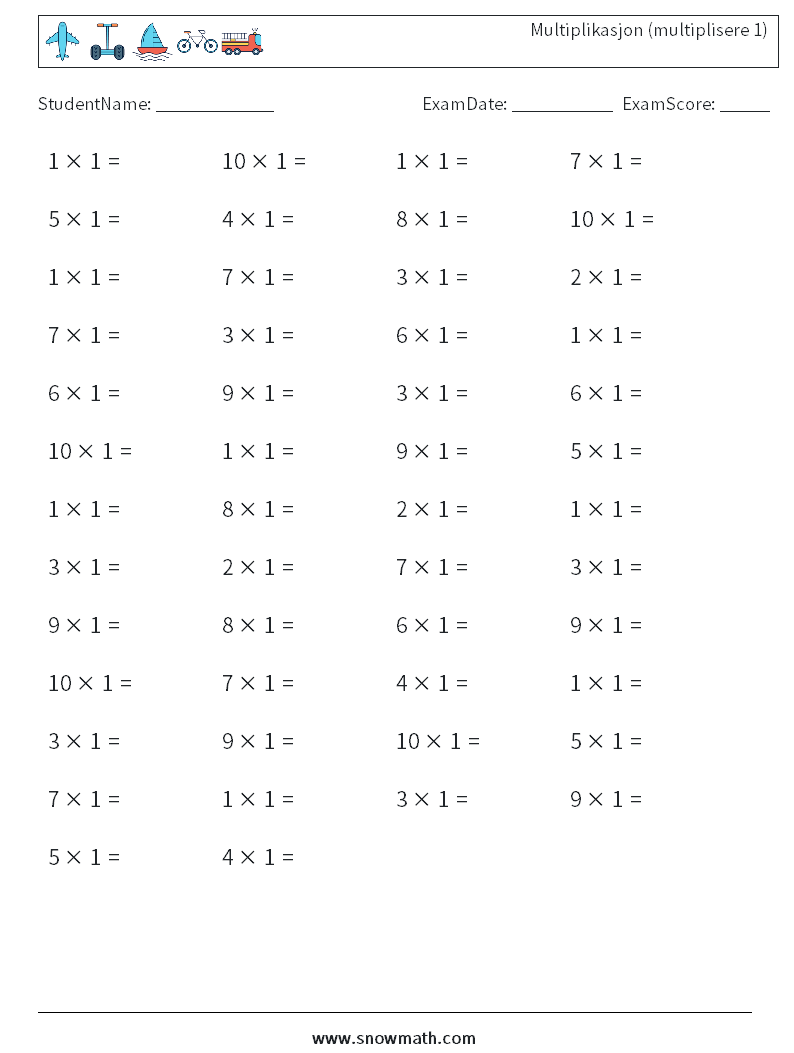 (50) Multiplikasjon (multiplisere 1) MathWorksheets 1