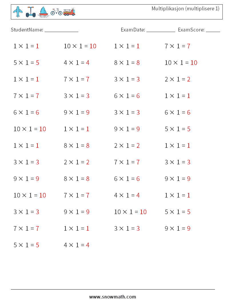 (50) Multiplikasjon (multiplisere 1) MathWorksheets 1 QuestionAnswer