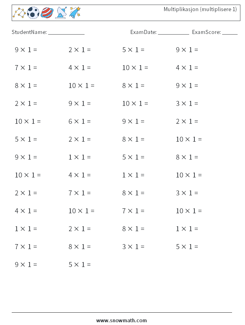 (50) Multiplikasjon (multiplisere 1) MathWorksheets 2