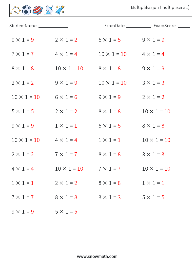 (50) Multiplikasjon (multiplisere 1) MathWorksheets 2 QuestionAnswer