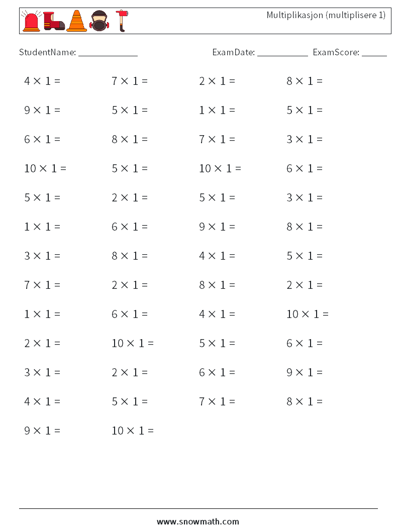 (50) Multiplikasjon (multiplisere 1) MathWorksheets 3