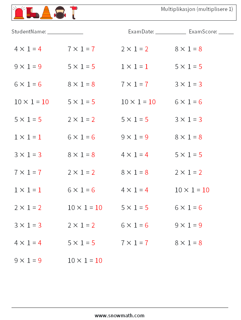 (50) Multiplikasjon (multiplisere 1) MathWorksheets 3 QuestionAnswer