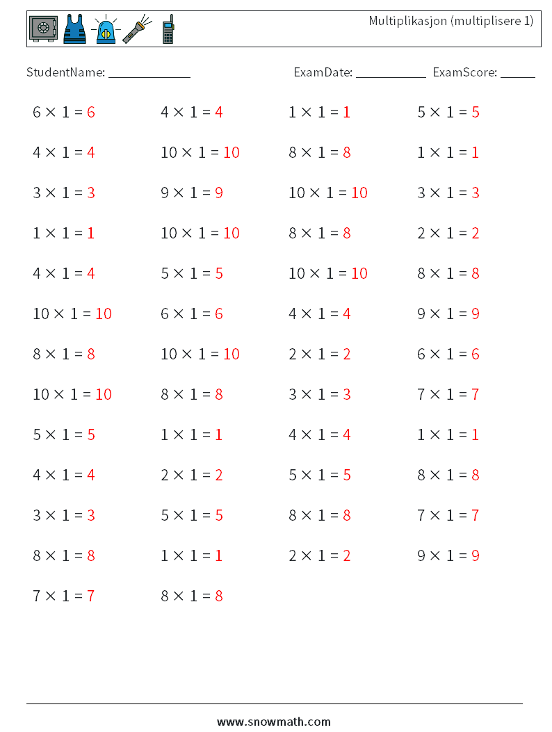 (50) Multiplikasjon (multiplisere 1) MathWorksheets 4 QuestionAnswer