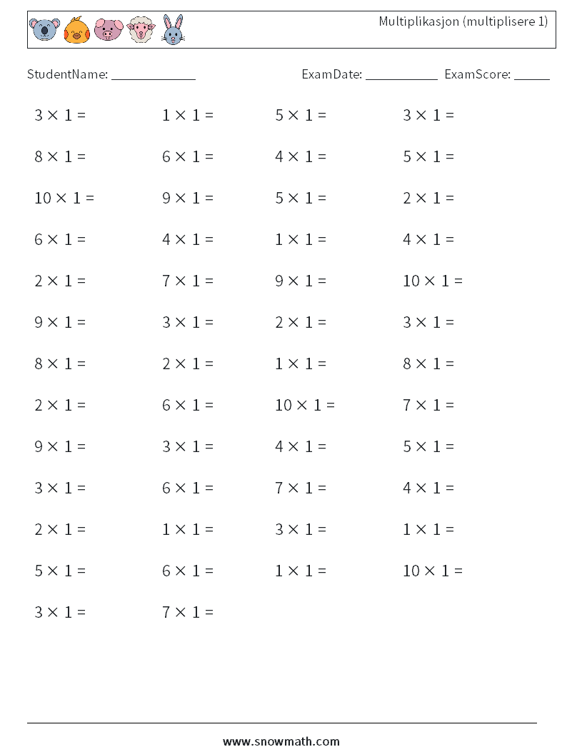 (50) Multiplikasjon (multiplisere 1) MathWorksheets 5