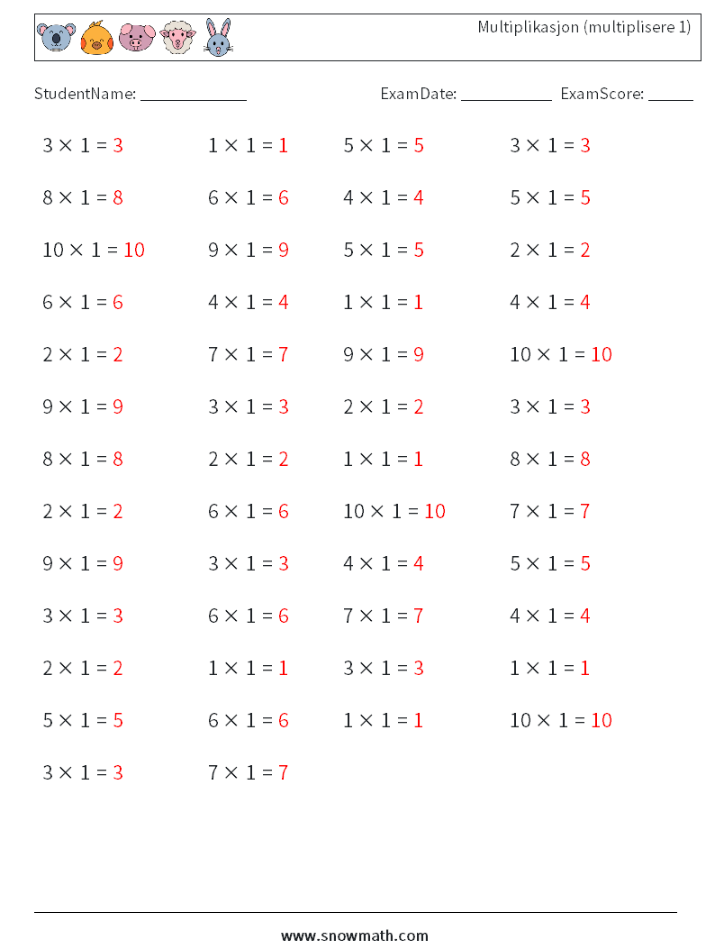 (50) Multiplikasjon (multiplisere 1) MathWorksheets 5 QuestionAnswer