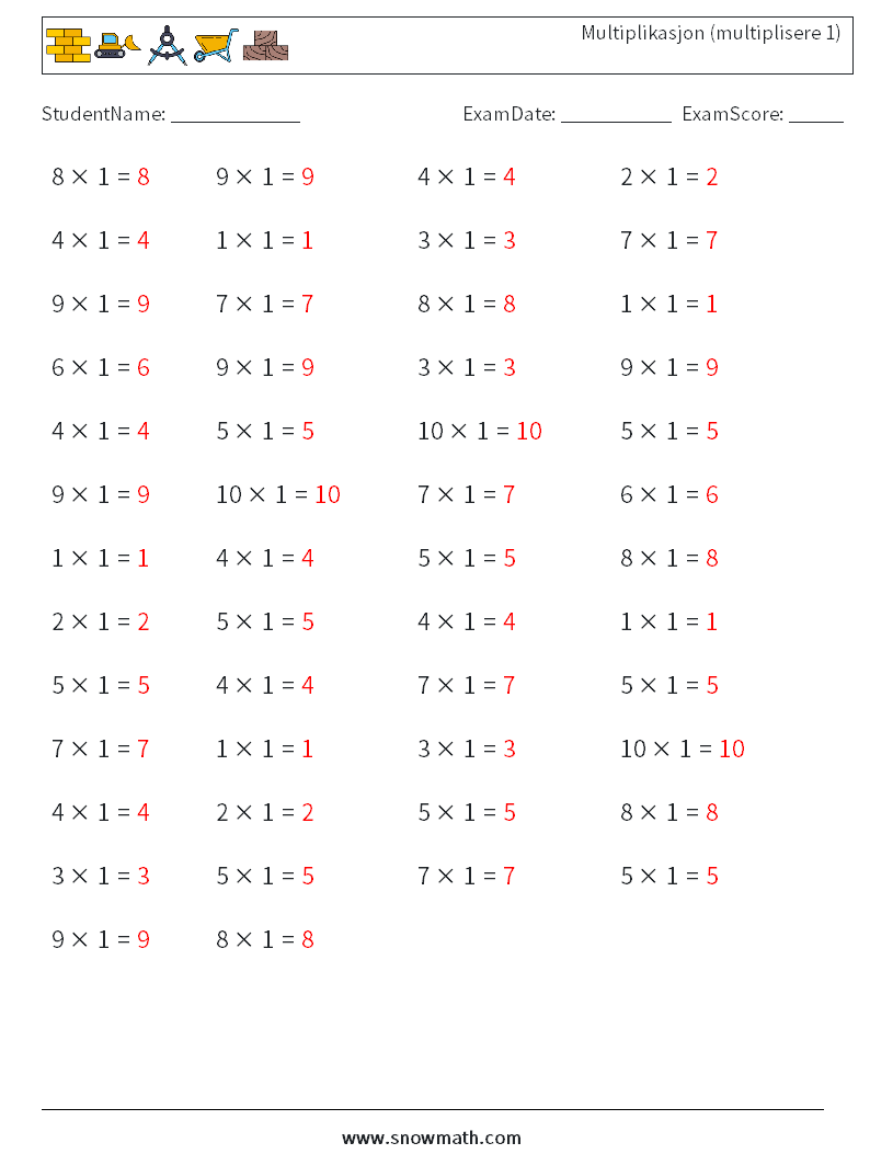 (50) Multiplikasjon (multiplisere 1) MathWorksheets 6 QuestionAnswer