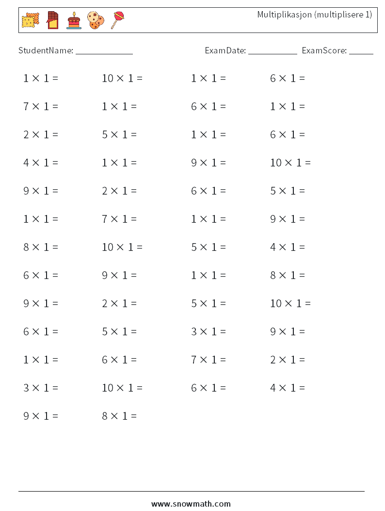 (50) Multiplikasjon (multiplisere 1) MathWorksheets 7