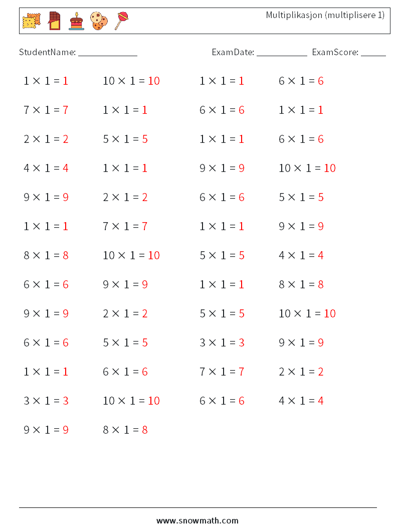 (50) Multiplikasjon (multiplisere 1) MathWorksheets 7 QuestionAnswer