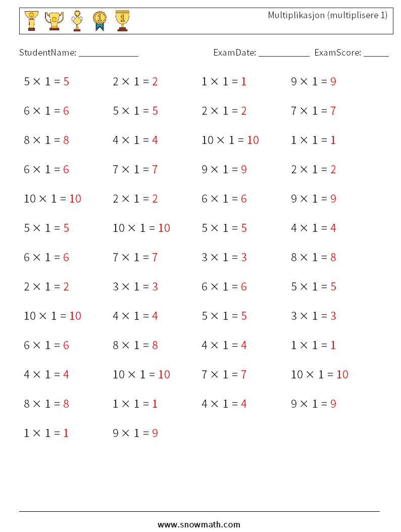 (50) Multiplikasjon (multiplisere 1) MathWorksheets 8 QuestionAnswer