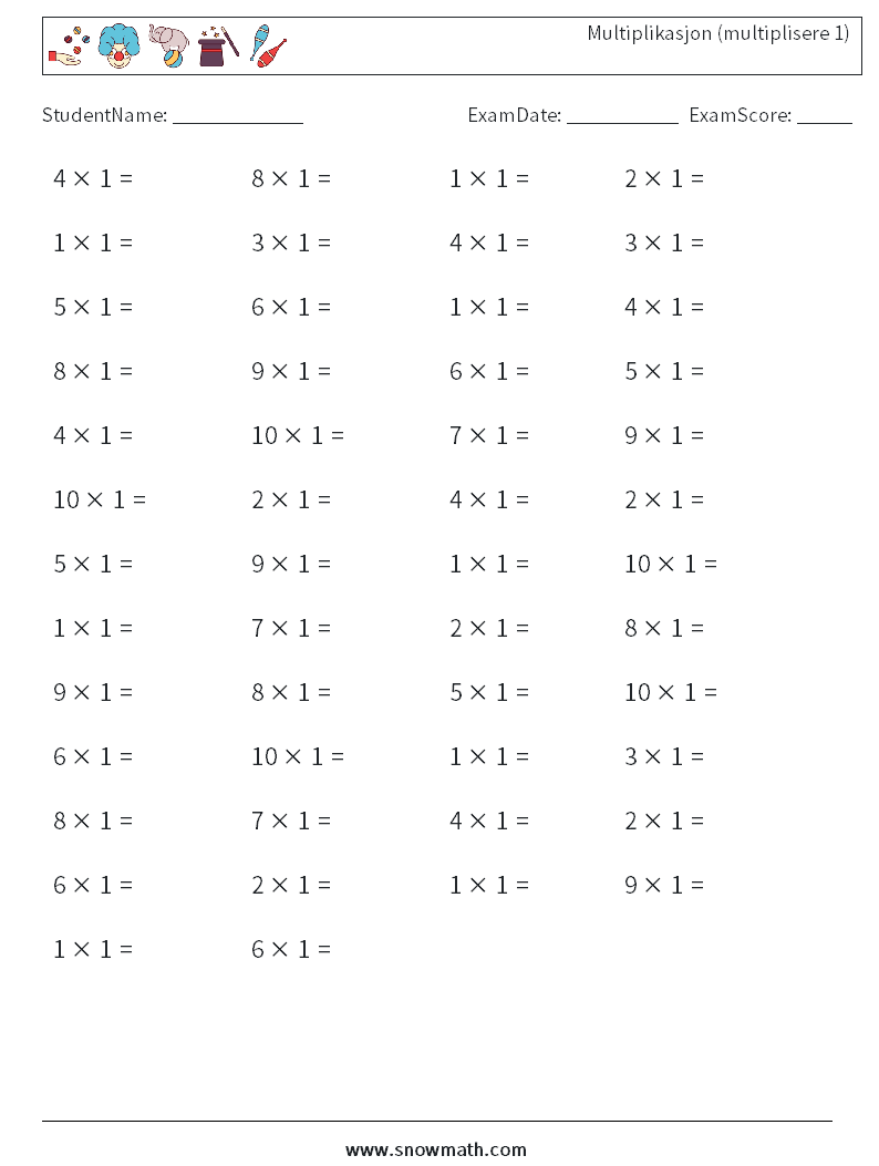 (50) Multiplikasjon (multiplisere 1) MathWorksheets 9