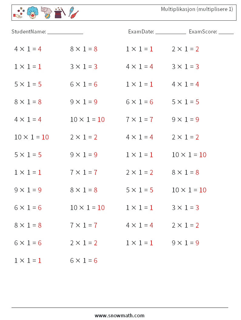 (50) Multiplikasjon (multiplisere 1) MathWorksheets 9 QuestionAnswer