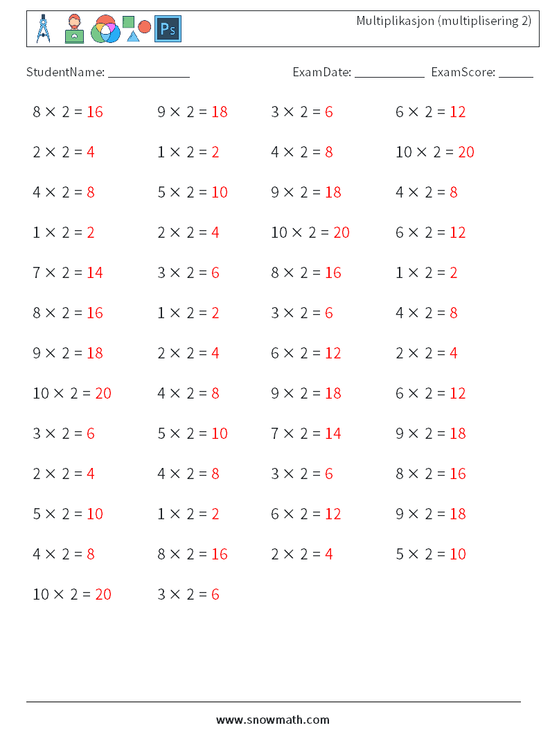 (50) Multiplikasjon (multiplisering 2) MathWorksheets 1 QuestionAnswer