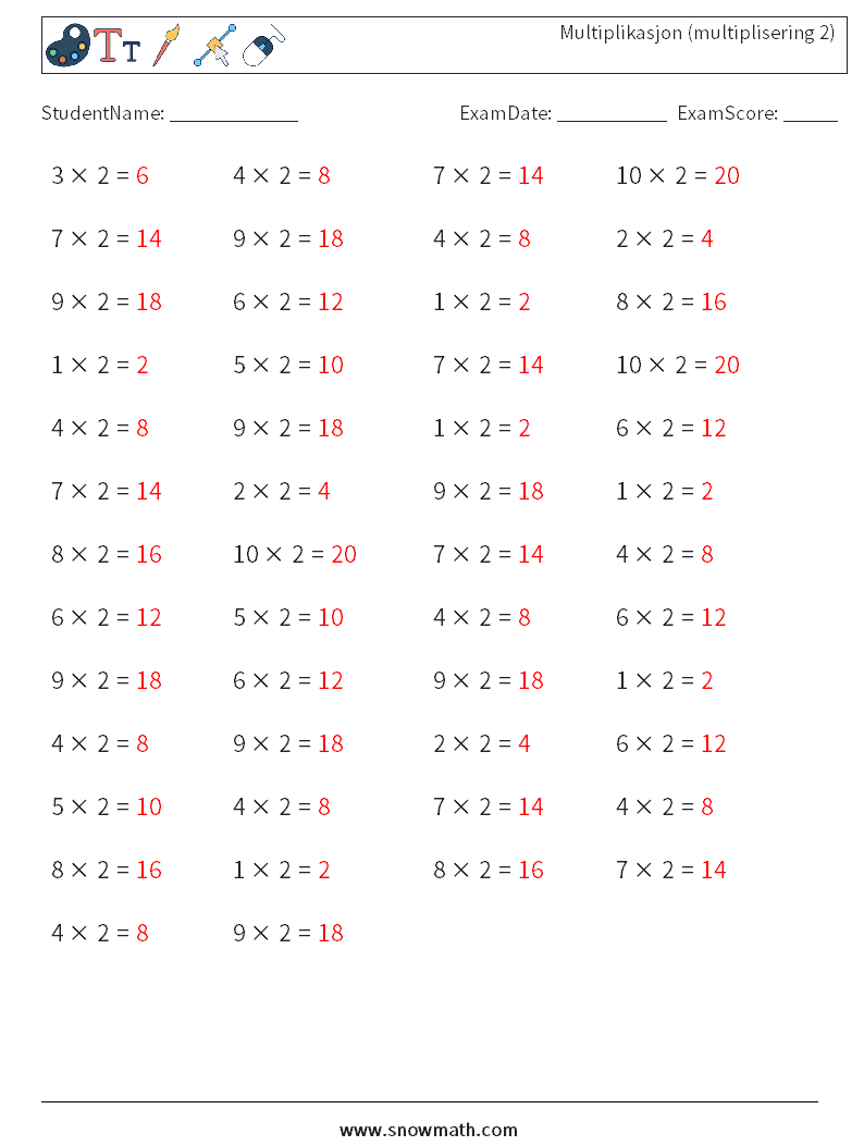 (50) Multiplikasjon (multiplisering 2) MathWorksheets 2 QuestionAnswer