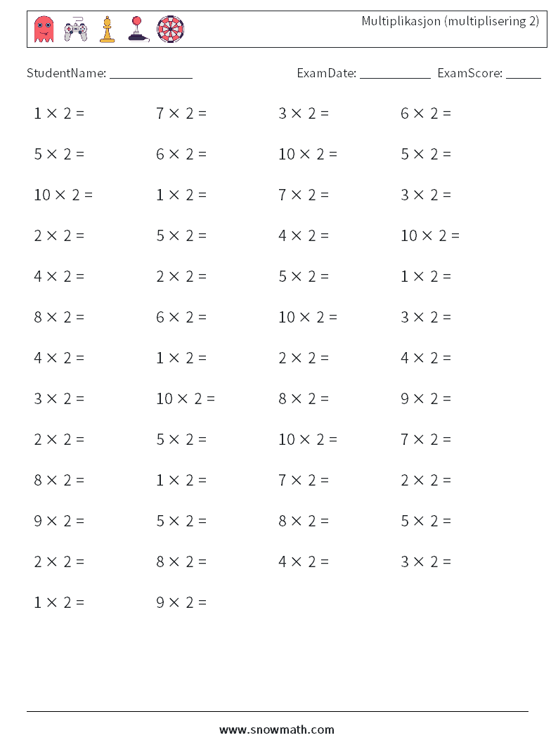 (50) Multiplikasjon (multiplisering 2) MathWorksheets 3