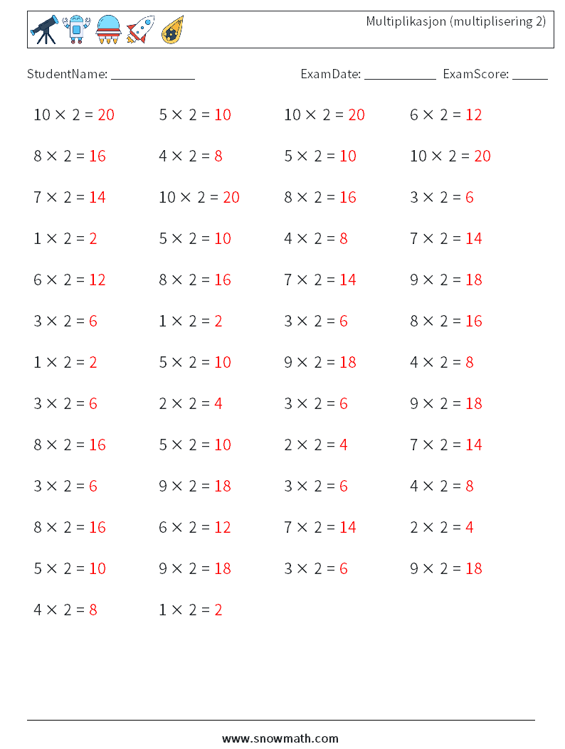 (50) Multiplikasjon (multiplisering 2) MathWorksheets 4 QuestionAnswer