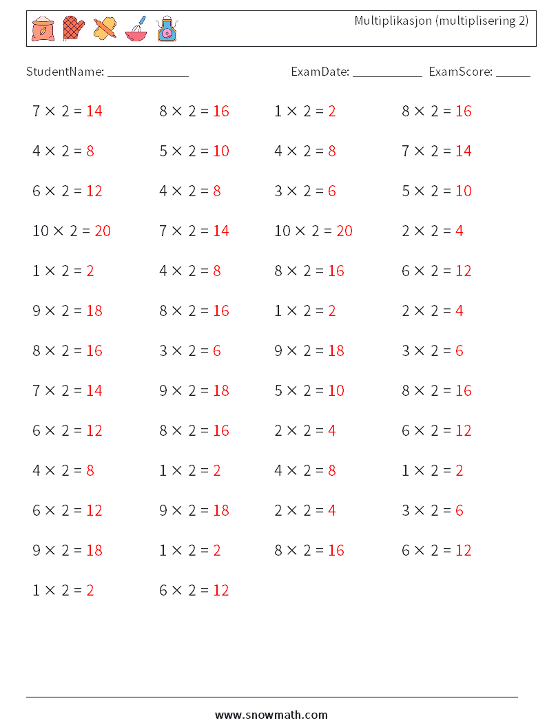 (50) Multiplikasjon (multiplisering 2) MathWorksheets 5 QuestionAnswer