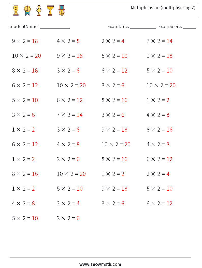 (50) Multiplikasjon (multiplisering 2) MathWorksheets 6 QuestionAnswer