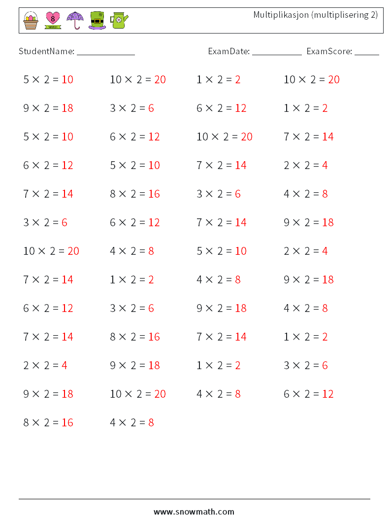 (50) Multiplikasjon (multiplisering 2) MathWorksheets 7 QuestionAnswer