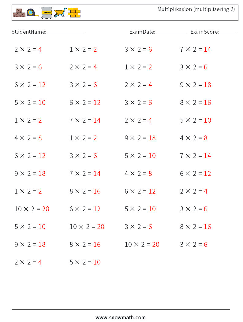 (50) Multiplikasjon (multiplisering 2) MathWorksheets 8 QuestionAnswer