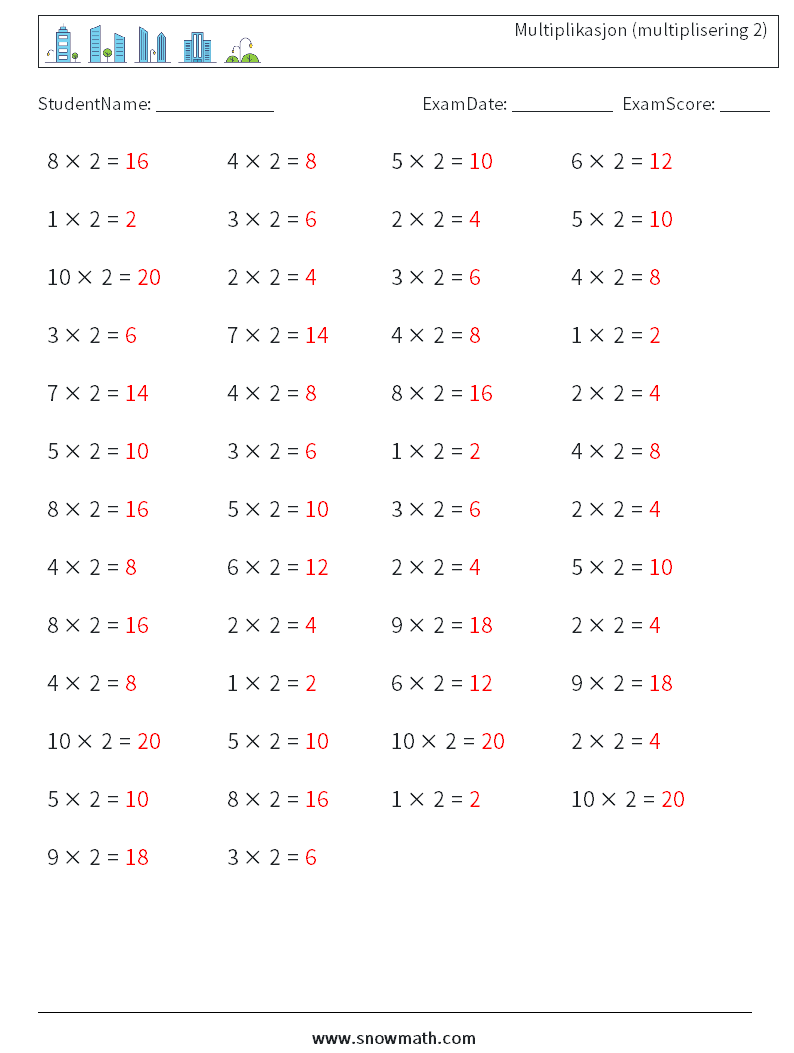 (50) Multiplikasjon (multiplisering 2) MathWorksheets 9 QuestionAnswer