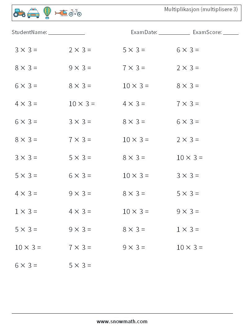 (50) Multiplikasjon (multiplisere 3) MathWorksheets 1