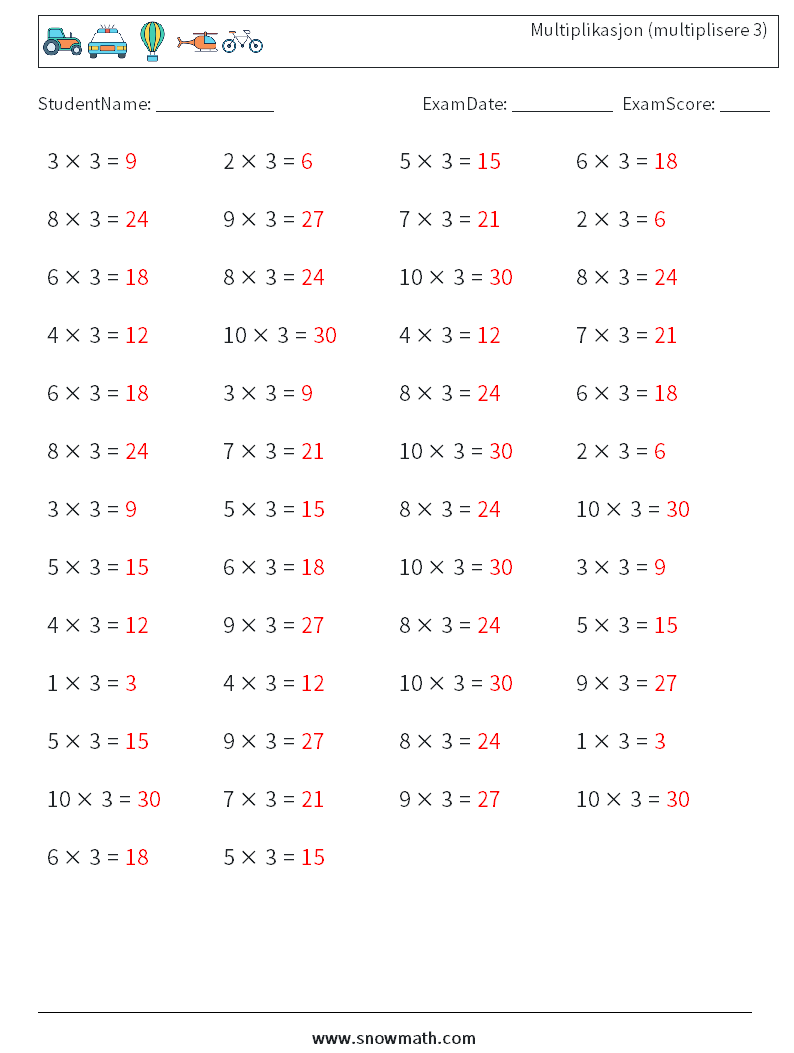 (50) Multiplikasjon (multiplisere 3) MathWorksheets 1 QuestionAnswer