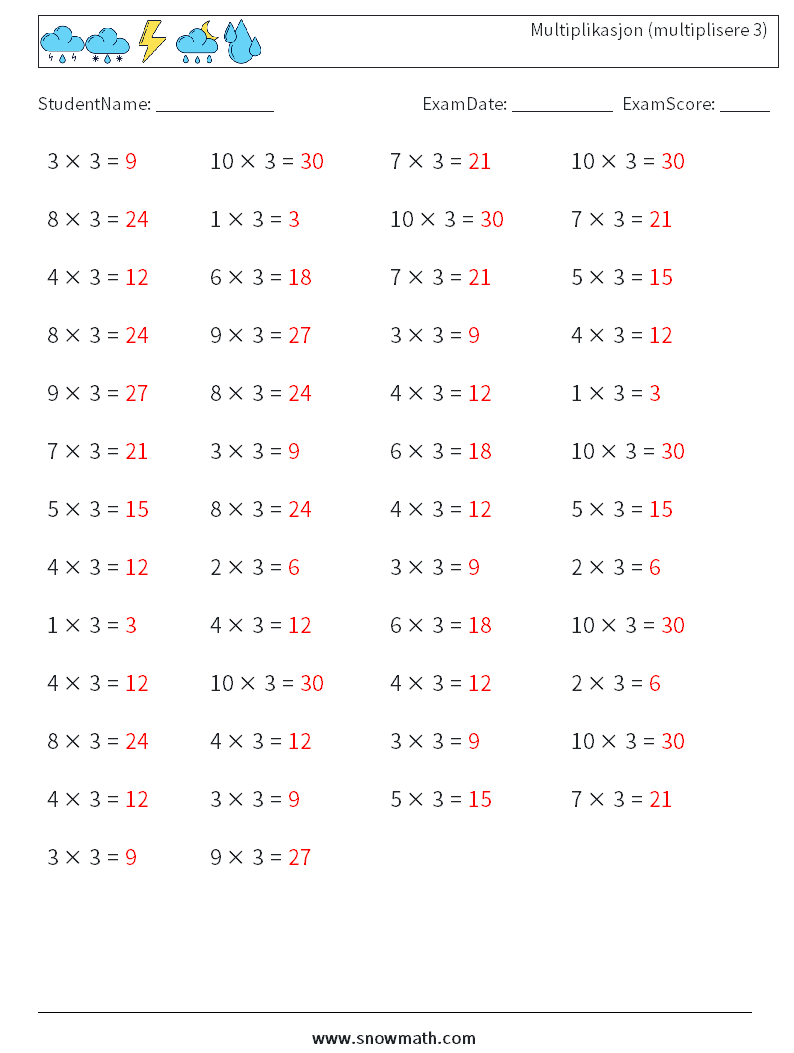 (50) Multiplikasjon (multiplisere 3) MathWorksheets 2 QuestionAnswer