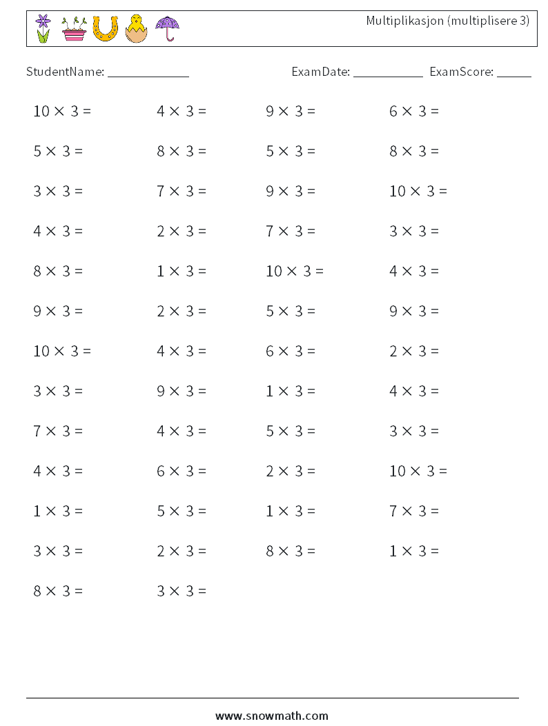 (50) Multiplikasjon (multiplisere 3) MathWorksheets 3