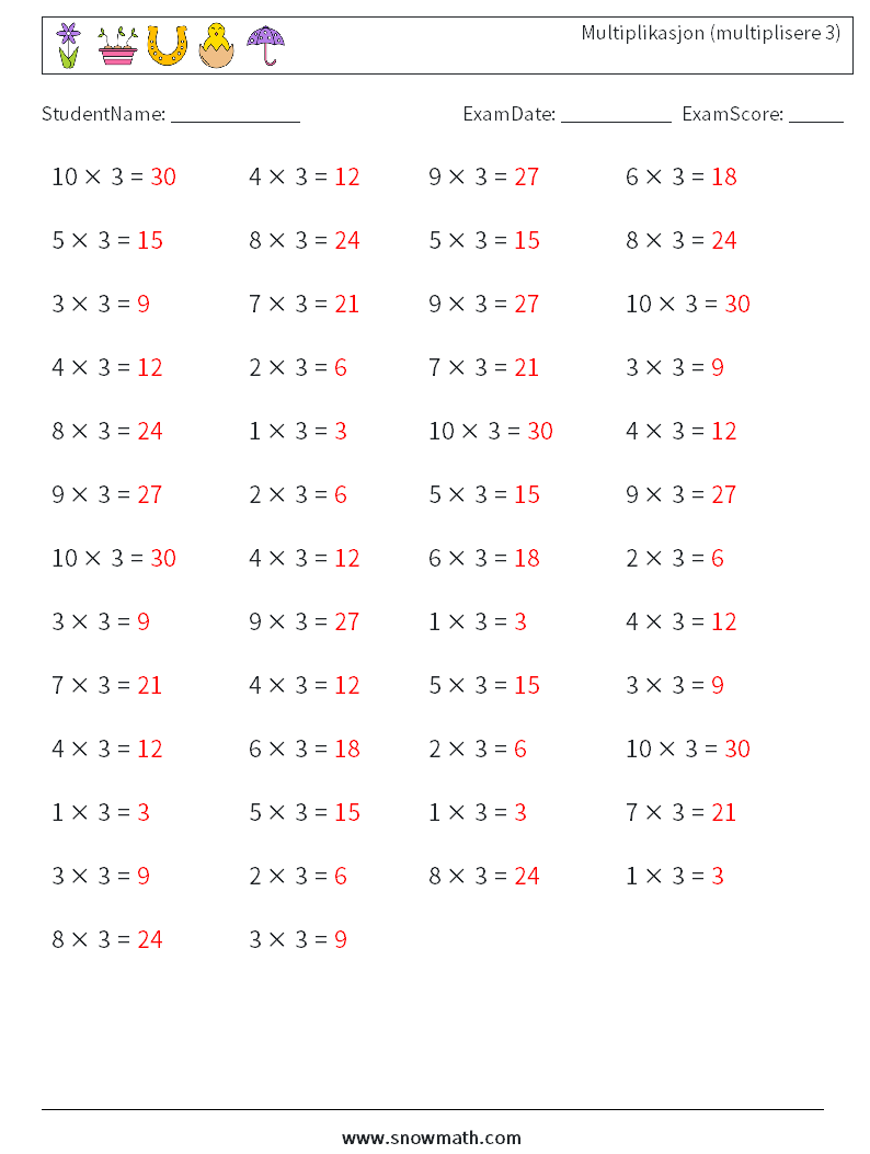 (50) Multiplikasjon (multiplisere 3) MathWorksheets 3 QuestionAnswer