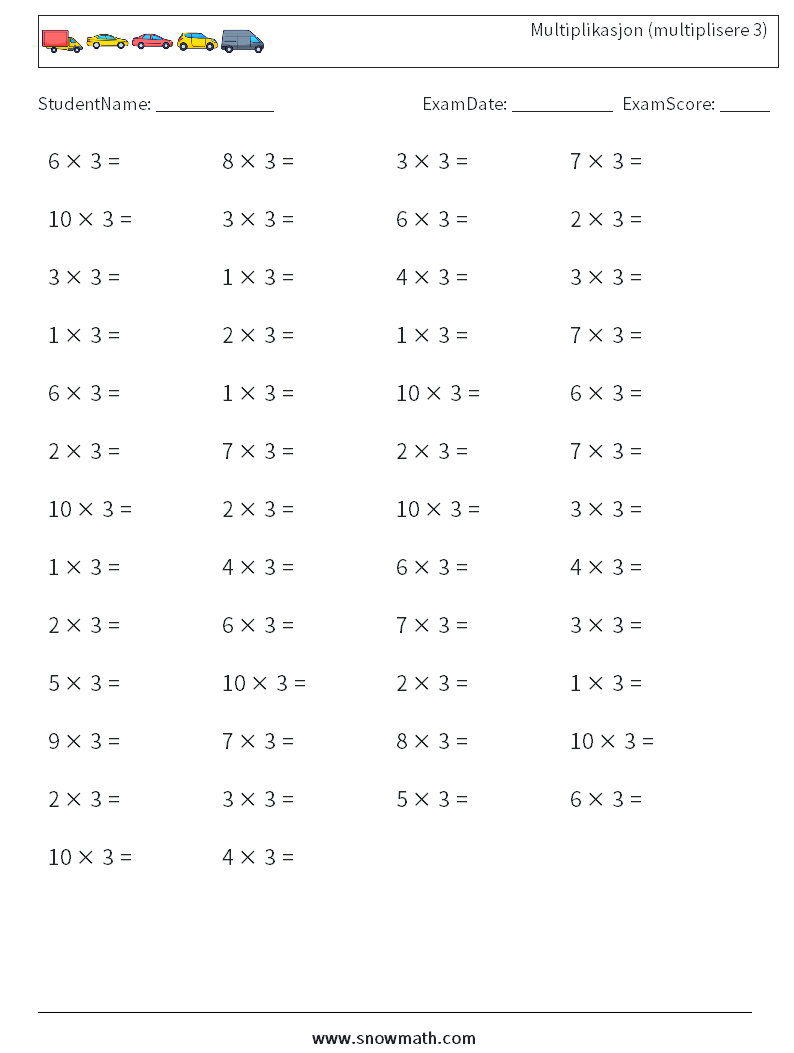 (50) Multiplikasjon (multiplisere 3) MathWorksheets 4