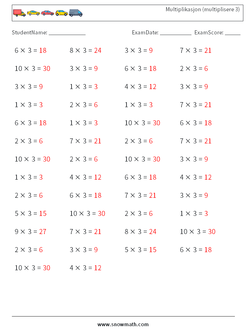 (50) Multiplikasjon (multiplisere 3) MathWorksheets 4 QuestionAnswer